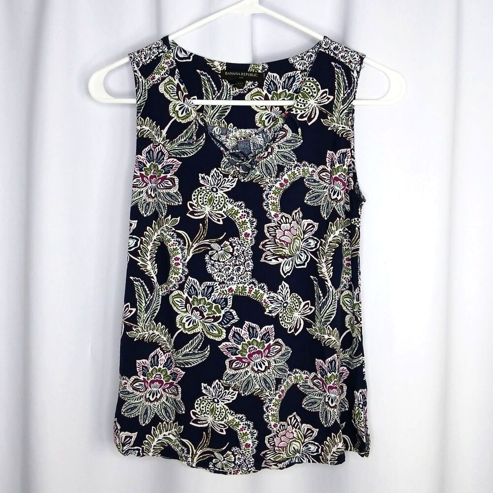 Banana Republic Rayon Tank Top Floral V-Neck Blouse Navy Blue Petite Womens XS